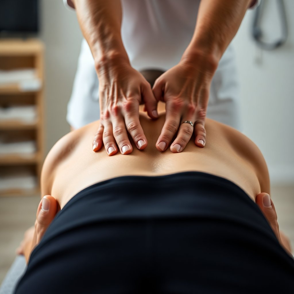 Close-up of a physical therapy session, hands performing manual therapy on a patient back, professional medical atmosphere, soft lighting