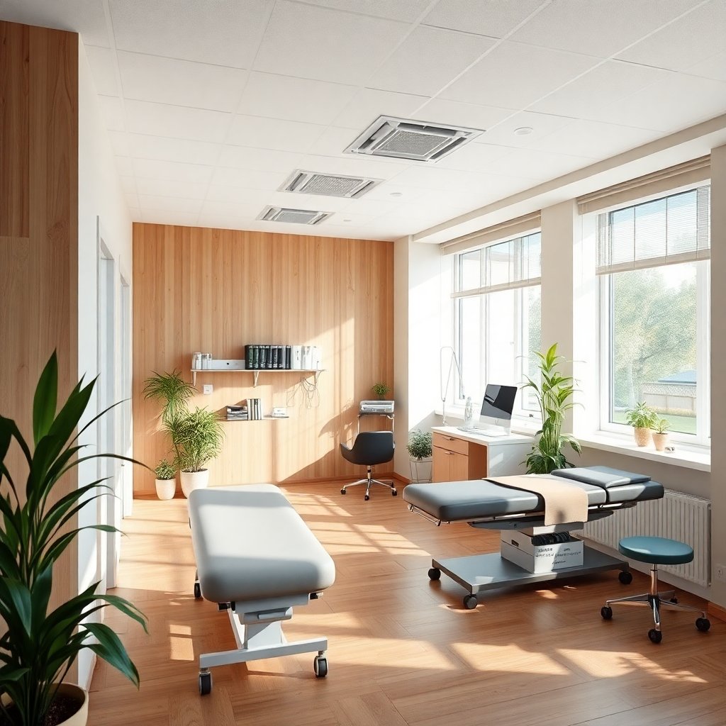High-quality, bright and airy photo of a modern, cozy physiotherapy clinic interior in Slaný, Czech Republic. Soft natural lighting, professional medical equipment visible but not intimidating, wooden accents, plants, calming atmosphere, 16:9 aspect ratio.